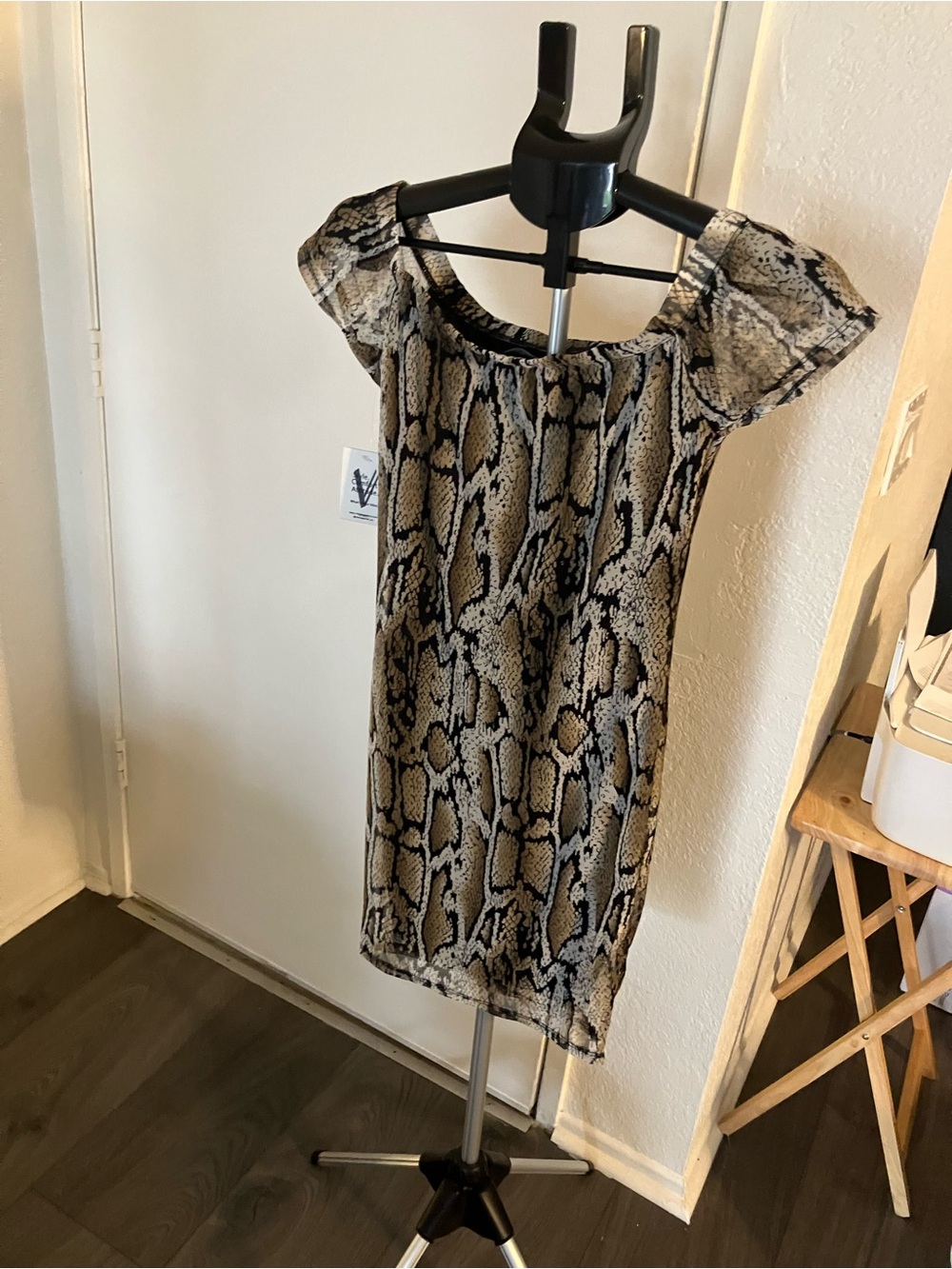 Snake-Print Mini Dress in Beige and Black